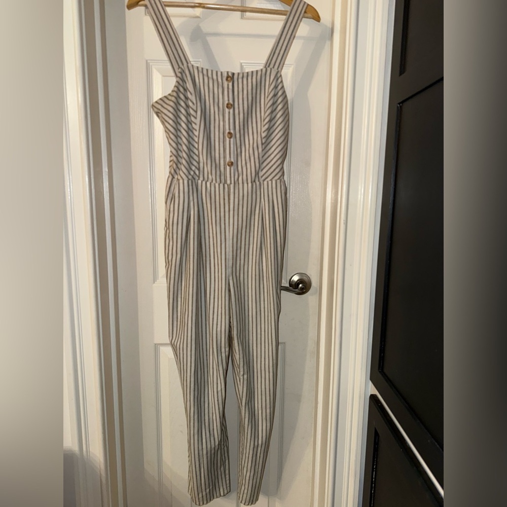 Greylin olive-y and white striped jumpsuit